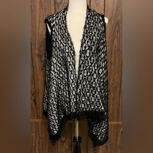 Joseph A Open Front Cardigan Black White Fuzzy Soft Sweater Vest Sz L